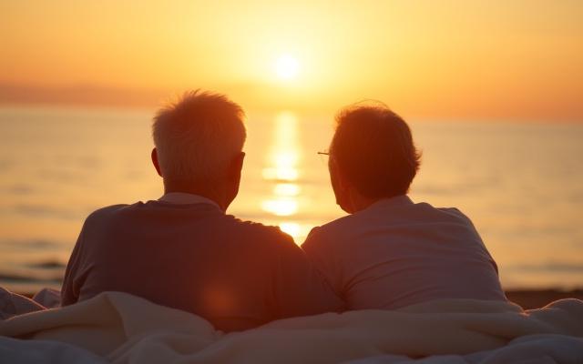 A serene couple enjoying a sunset on a beach, representing successful retirement planning and financial freedom.